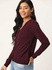 DressBerry Women Maroon Solid Cardigan Sweater