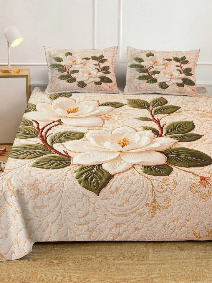 Moda Rapido X KLOTTHE Cream-Coloured & Green Floral 400 TC King Bedsheet with 2 Pillow Covers