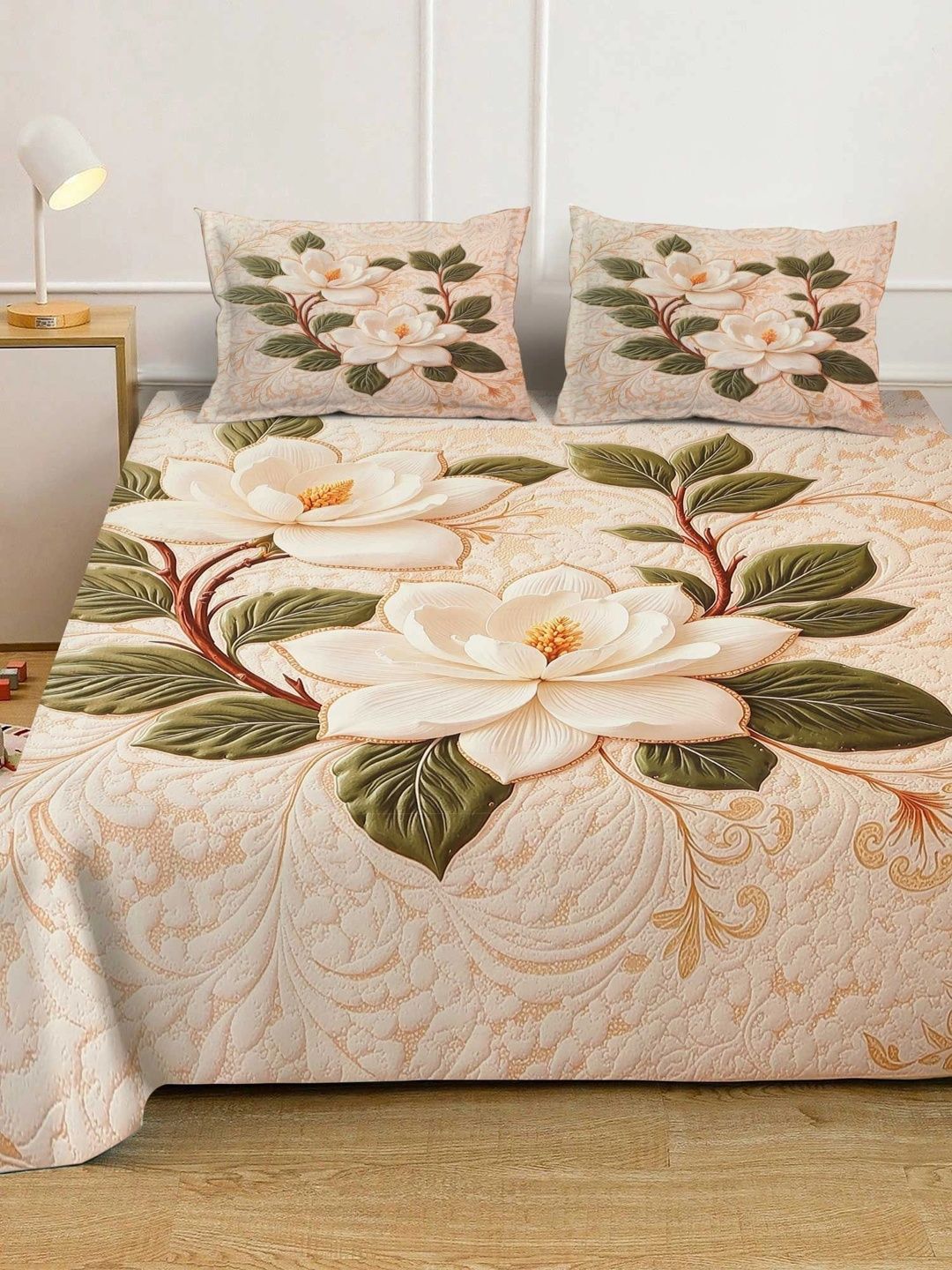 Moda Rapido X KLOTTHE Cream-Coloured & Green Floral 400 TC King Bedsheet with 2 Pillow Covers