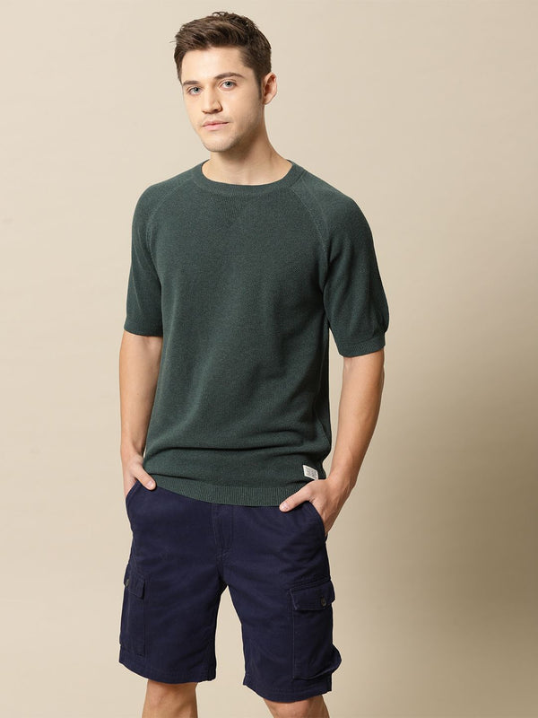 Mr Bowerbird Men Green Solid Tailored Fit Round Neck Sweater Pure Cotton T-shirt