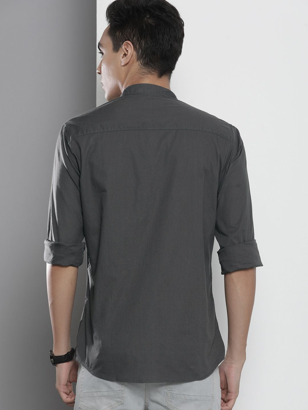 The Indian Garage Co Men Grey Mandarin Collar Casual Shirt