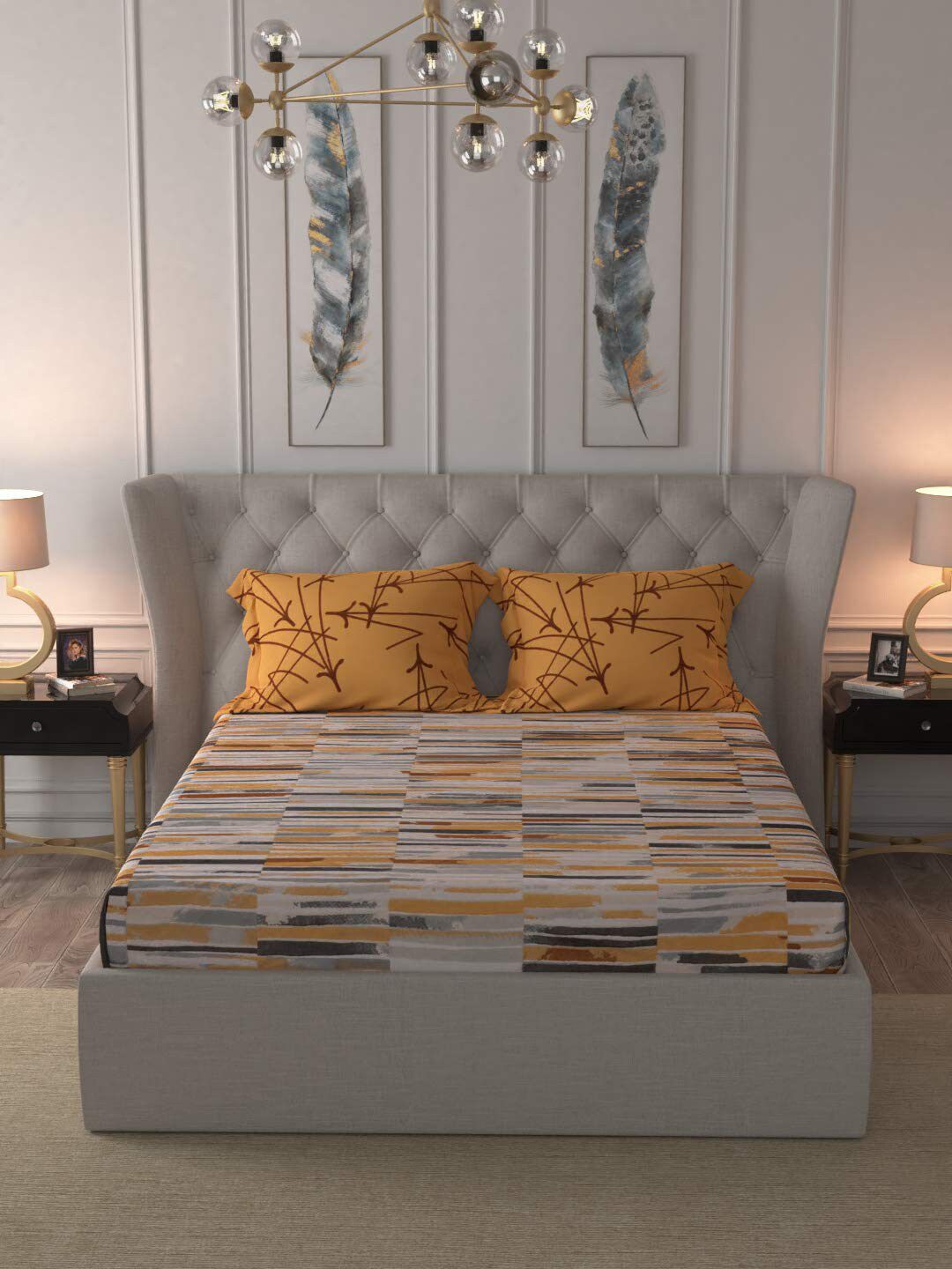 URBAN SPACE Striped 144 TC Cotton Fitted King Bedsheet with 2 Pillow Covers