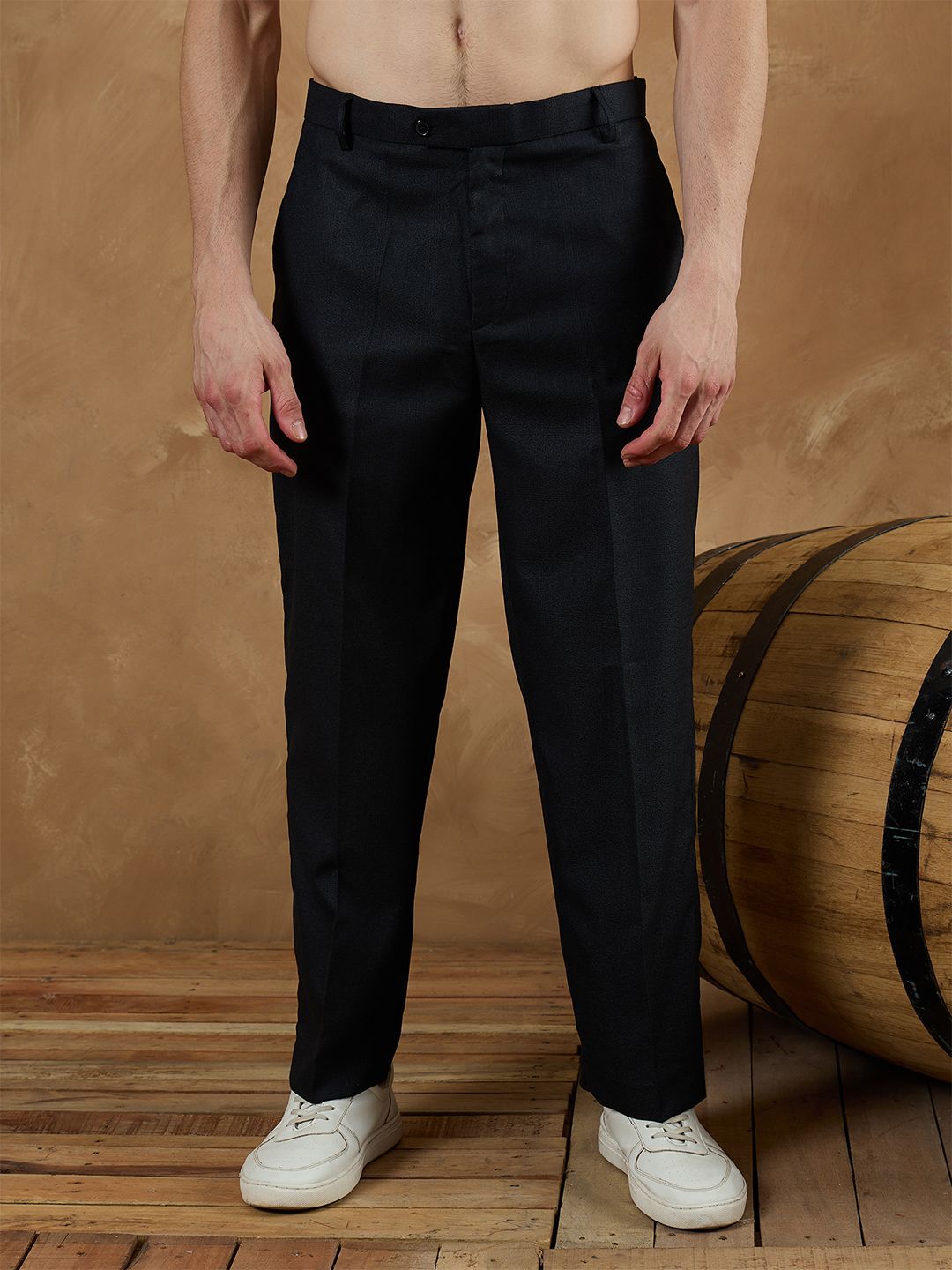 DENNISON Men Checked Smart Loose Fit Mid Rise Flat-Front Korean Pants Trousers