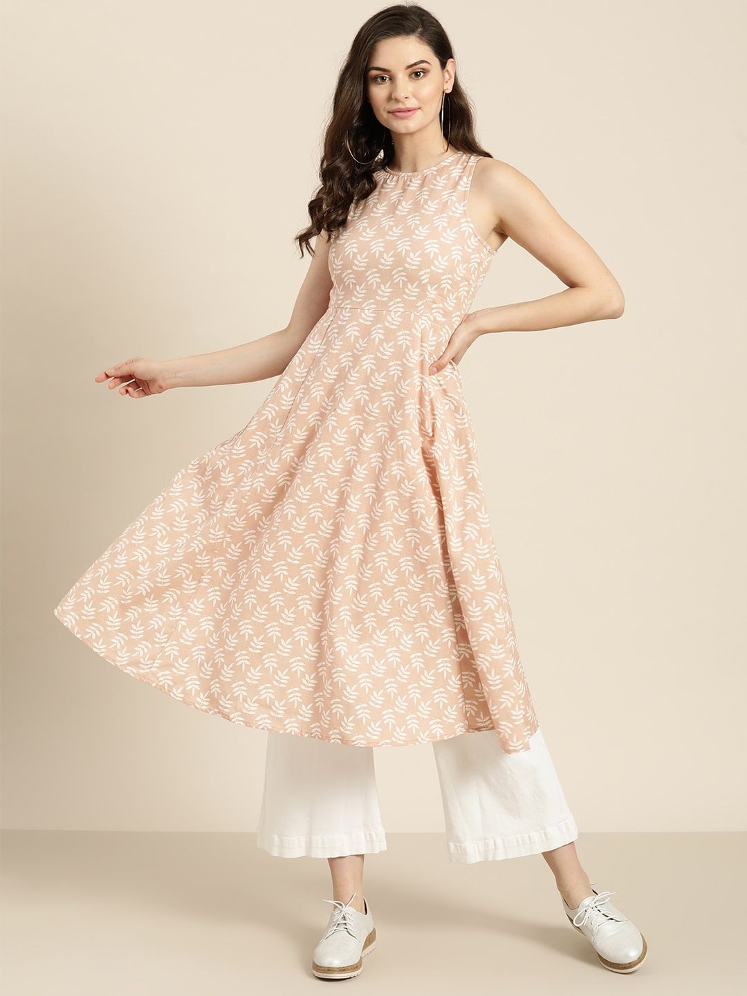 Shae by SASSAFRAS Women Peach-Coloured & White Printed A-Line Kurta