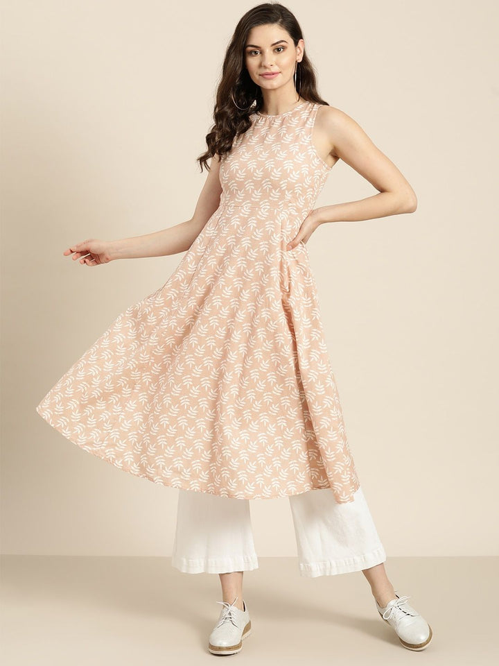Shae by SASSAFRAS Women Peach-Coloured & White Printed A-Line Kurta