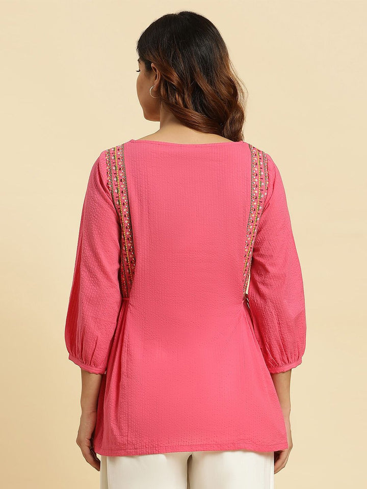 W Round Neck Embroidered Pure Cotton Top