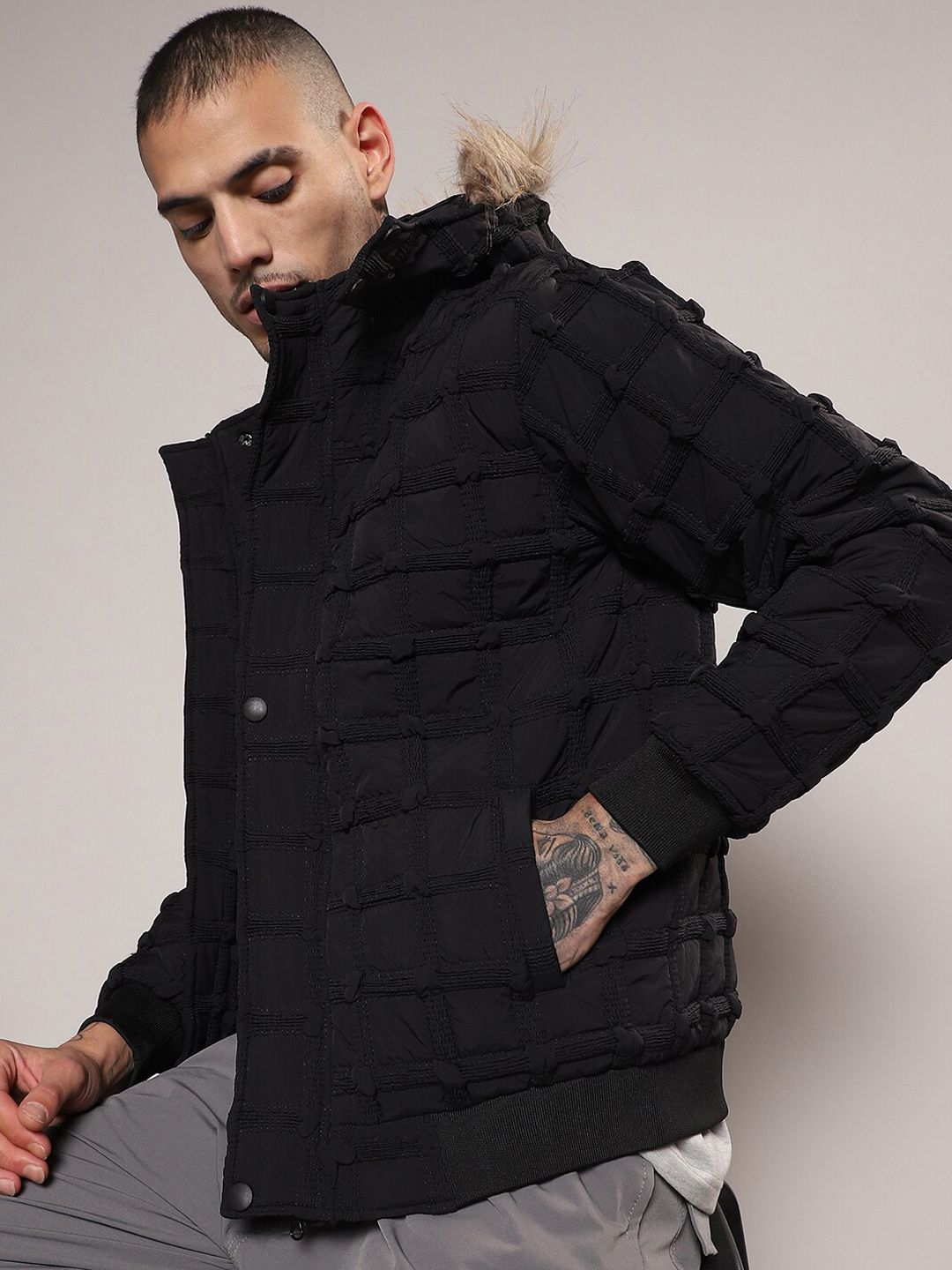 Campus Sutra Self-Design Hooded Windcheater Puffer Jacket