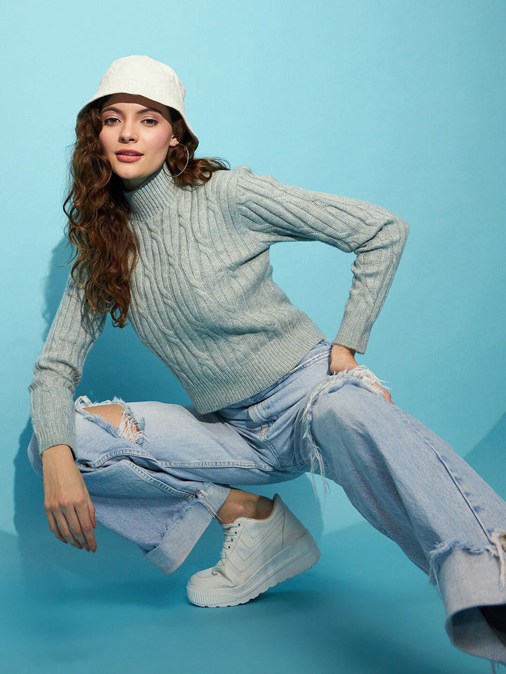 STREET 9 Grey Cable Knit Self Design Turtle Neck Acrylic Crop Pullover Sweater