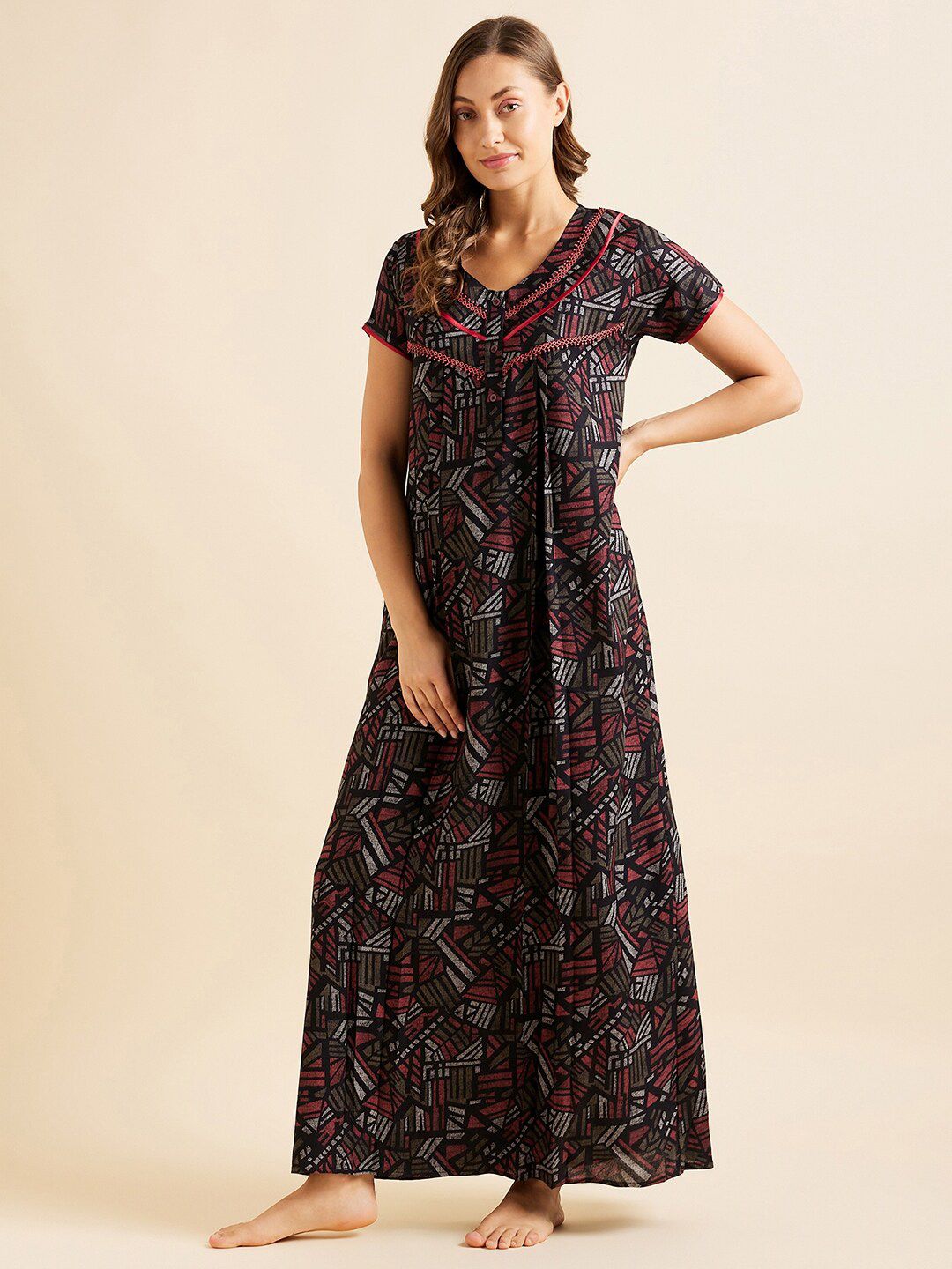Sweet Dreams Red Geometric Printed Pure Cotton Maxi Nightdress