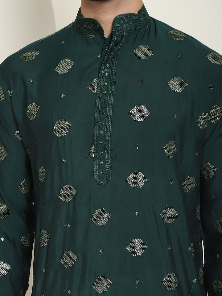SOJANYA Kurta Lurus Sutera Kapas Sulam Geometrik Dengan Churidar
