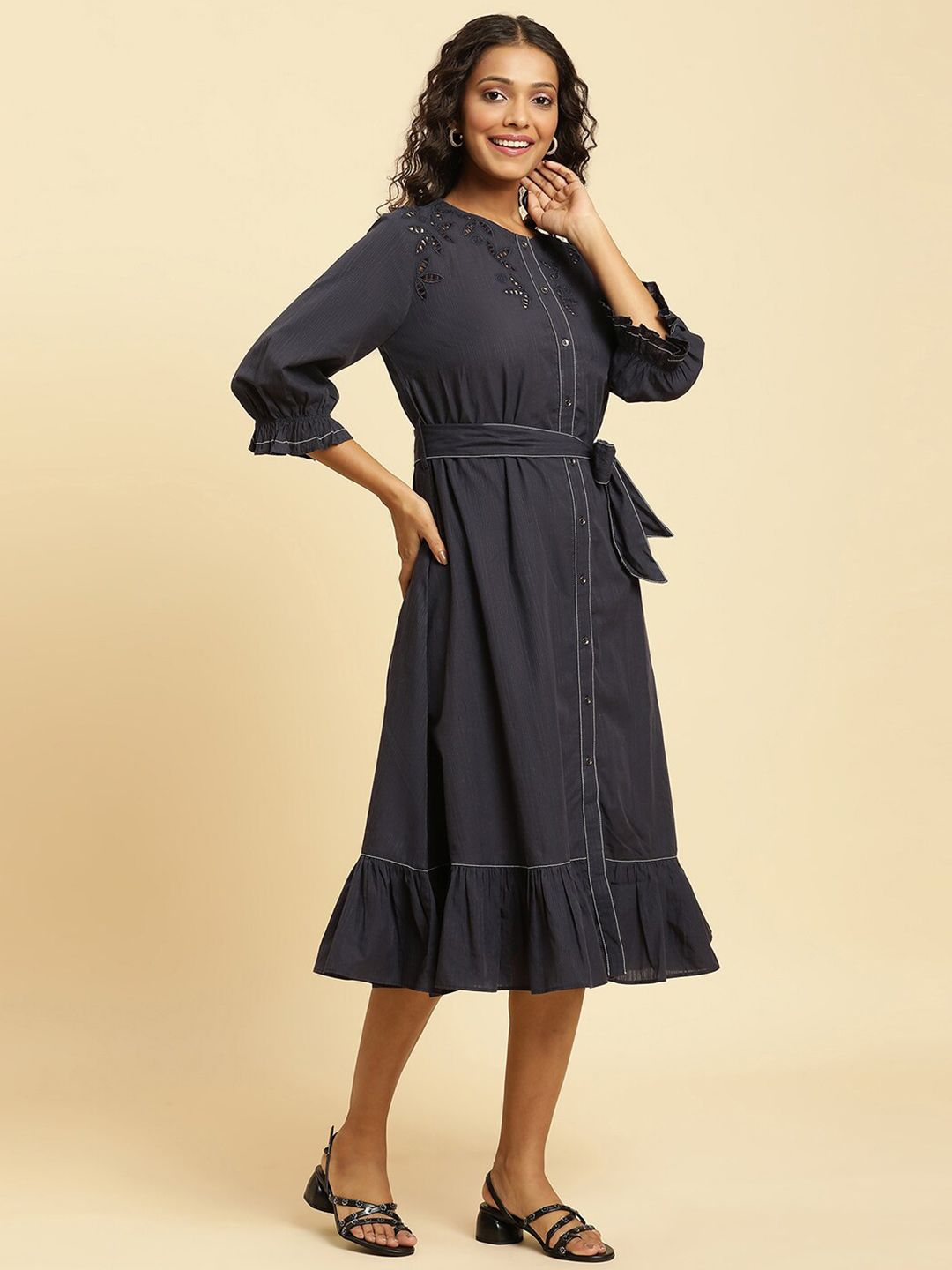 W Puff Sleeve Cotton A-Line Midi Dress