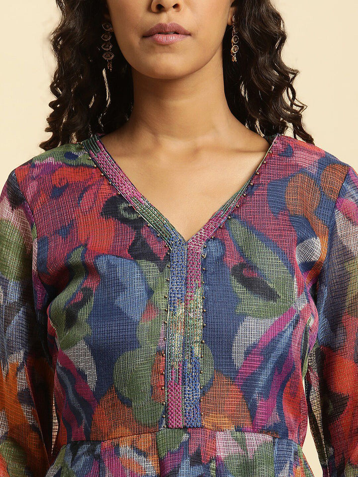 W Navy Blue Floral Printed Fit & Flare Ethnic Dress