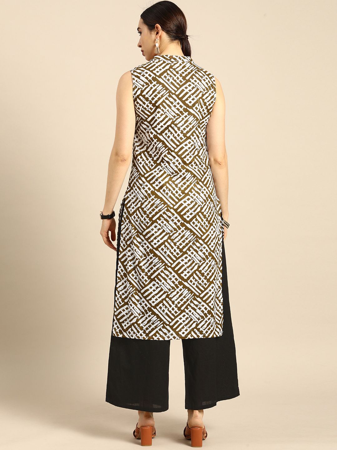 Anouk Women Brown And White Printed Keyhole-Neckline Pure Cotton Kurta with Palazzo