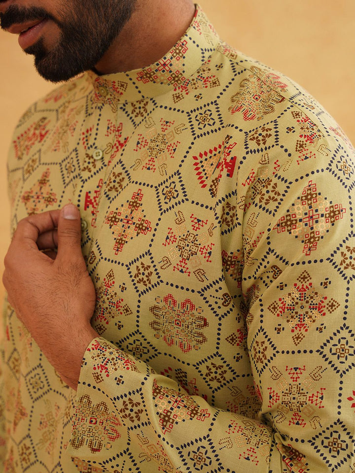 SOJANYA Men Green & White Ethnic Motifs Printed  Cotton Linen Kurta