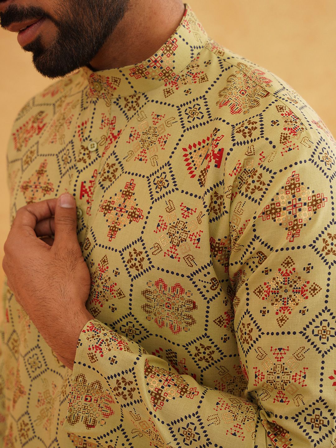 SOJANYA Men Green & White Ethnic Motifs Printed  Cotton Linen Kurta