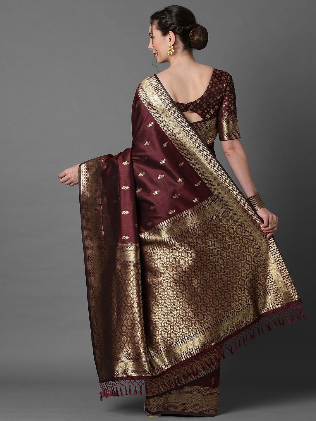 Mitera Brown & Gold-Coloured Ethnic Motifs Woven Design Silk Blend Banarasi Saree