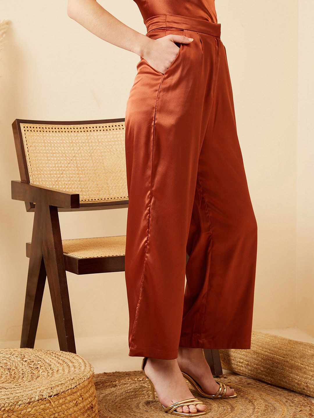 Berrylush Women Rust Relaxed Straight Leg High-Rise Parallel Trousers