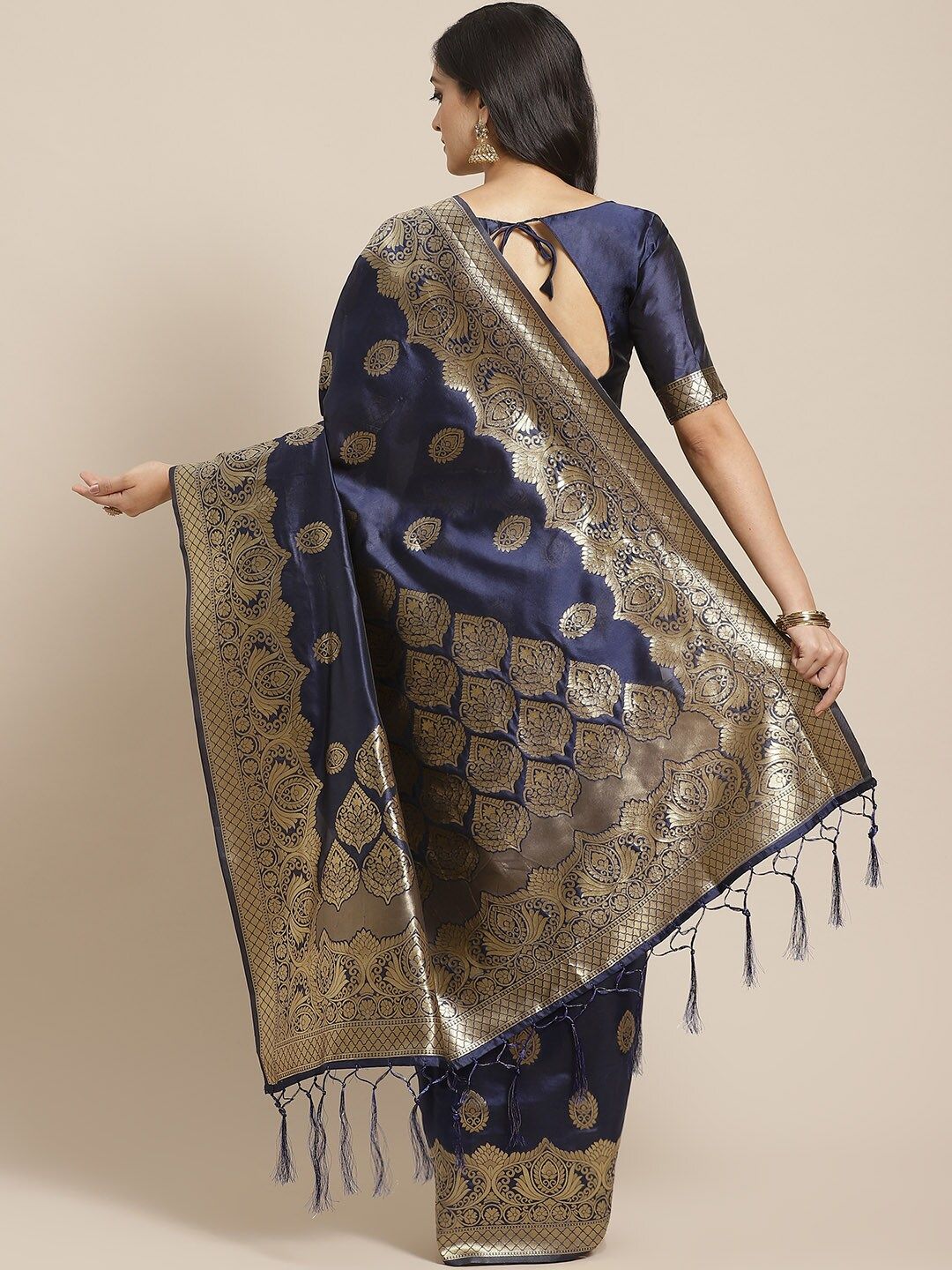 Saree mall Navy Blue & Gold-Toned Woven Design Zari Silk Blend Heavy Work Banarasi Sarees