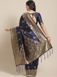 Saree mall Navy Blue & Gold-Toned Woven Design Zari Silk Blend Heavy Work Banarasi Sarees