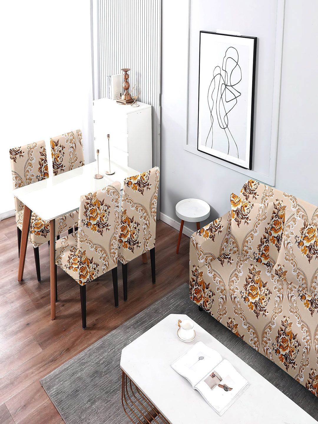 Cortina Beige Printed 3-Seater Stretchable Non-Slip Sofa Slipcover