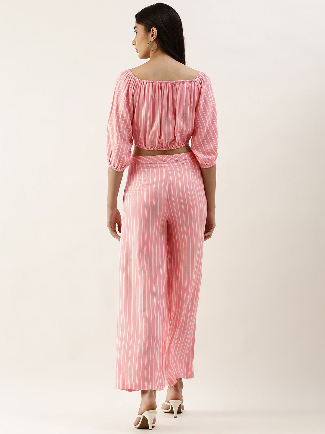 AND Women Pink & Off White Striped Fringed Crop Top with Palazzos