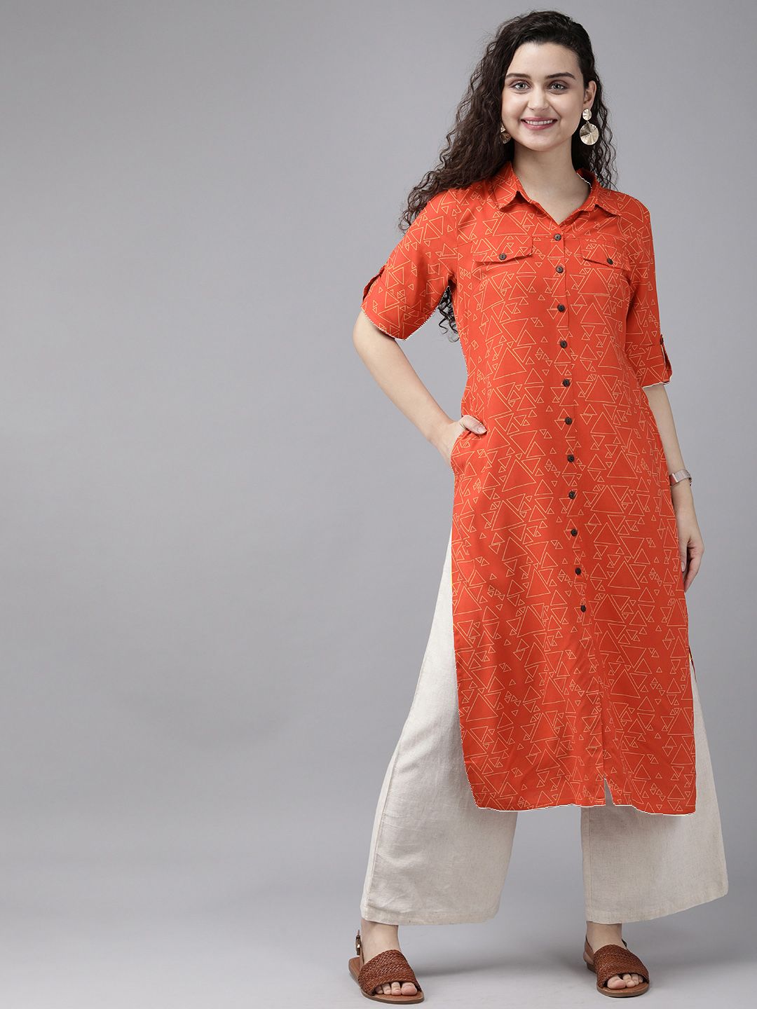 Anouk Wanita Merah & Mustard Kuning Dicetak Lurus Kurta