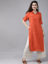 Anouk Women Red & Mustard Yellow Printed Straight Kurta