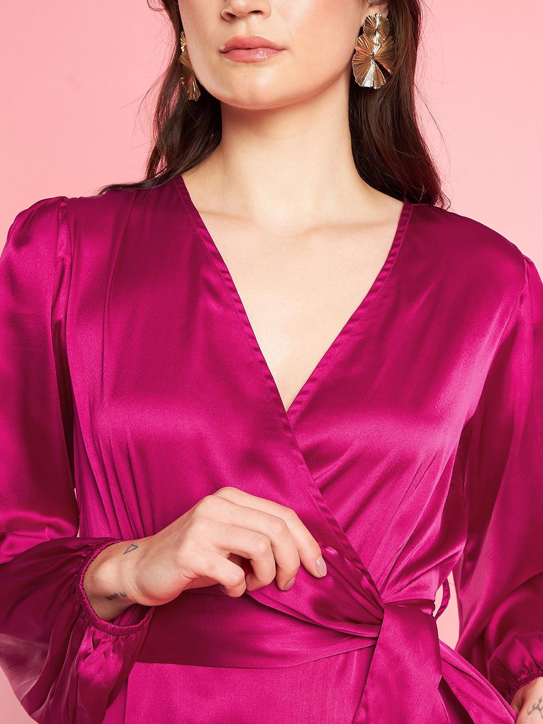 Antheaa Pink Puff Sleeve Layered Satin Wrap Midi Opaque Party Dress