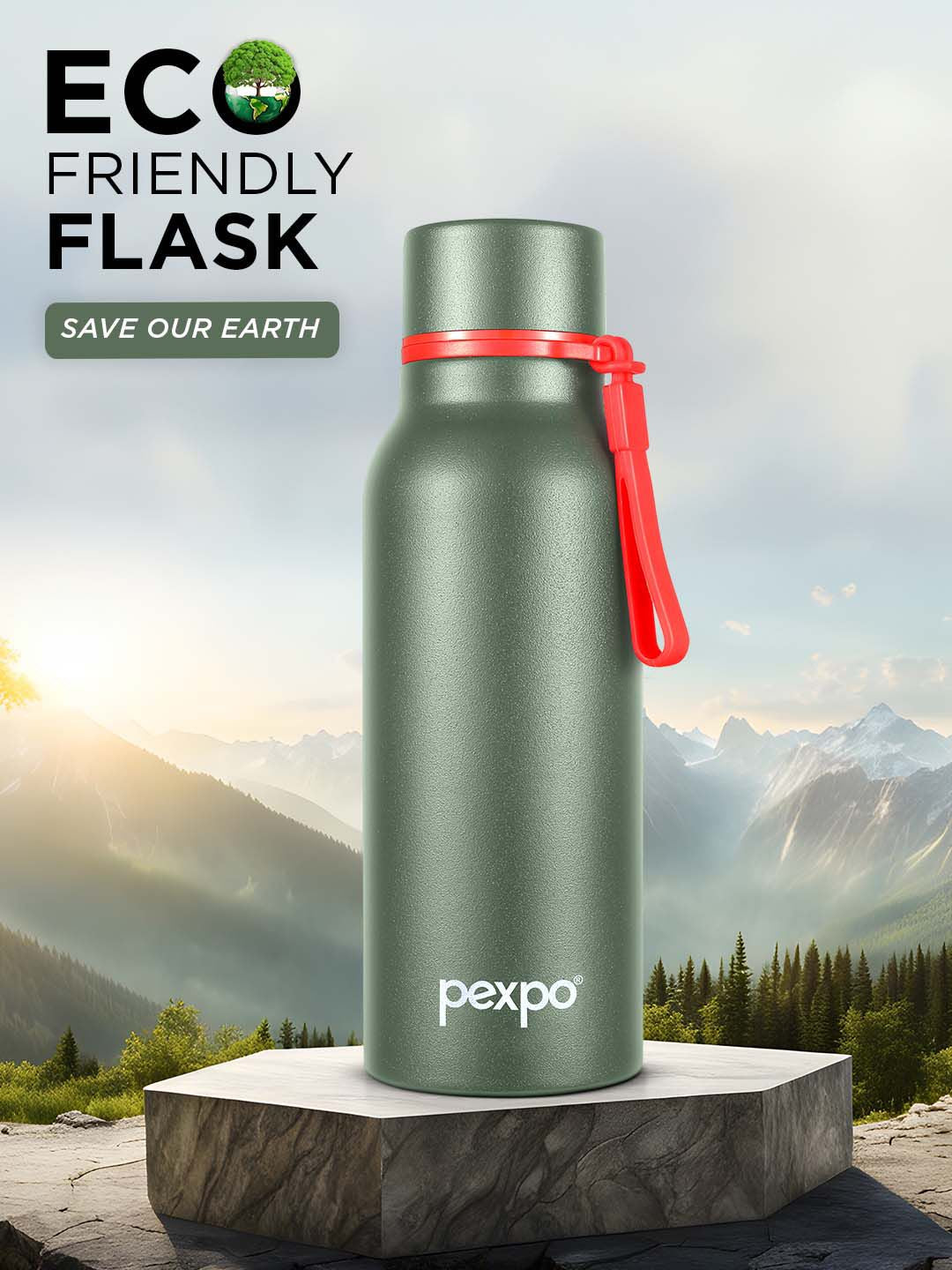 Pexpo Bosco Green Double wall Thermosteel Hot & Cold Green Insulated Water Bottle 600ml
