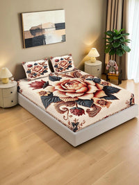 KLOTTHE Berwarna Krim & Bunga Merah 400 TC Cadar King dengan 2 Sarung Bantal