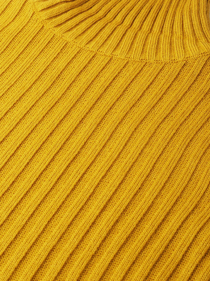 DressBerry Women Mustard Yellow Ribbed Pullover Sweater
