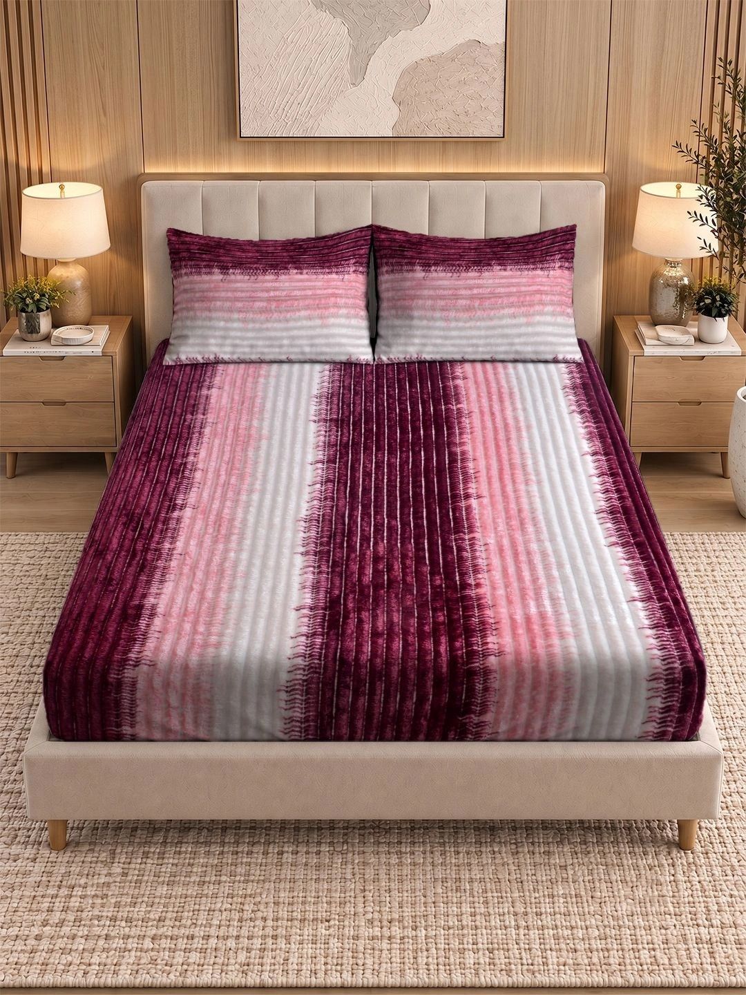 KLOTTHE Maroon & Pink Striped 300 TC King Bedsheet with 2 Pillow Covers