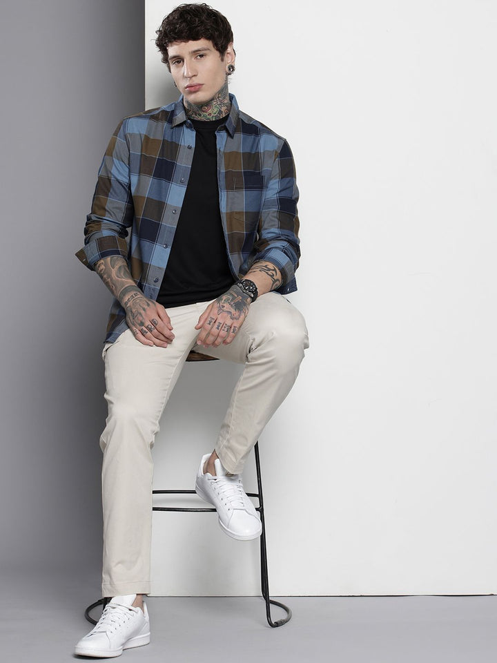 The Indian Garage Co Men Navy Blue Slim Fit Checked Casual Shirt