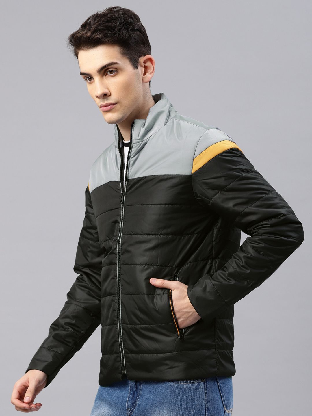 HRX by Hrithik Roshan Men Black & Grey Colourblocked Padded Jacket