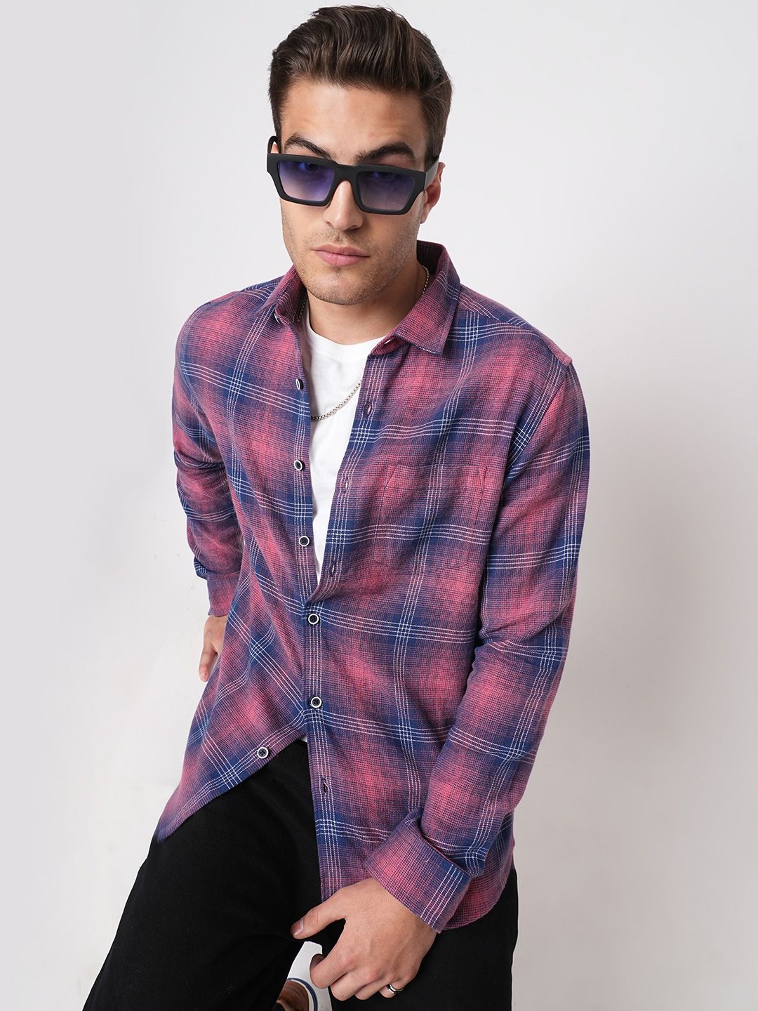 VASTRADO Men Classic Fit Spread Collar Checked Cotton Casual Shirt