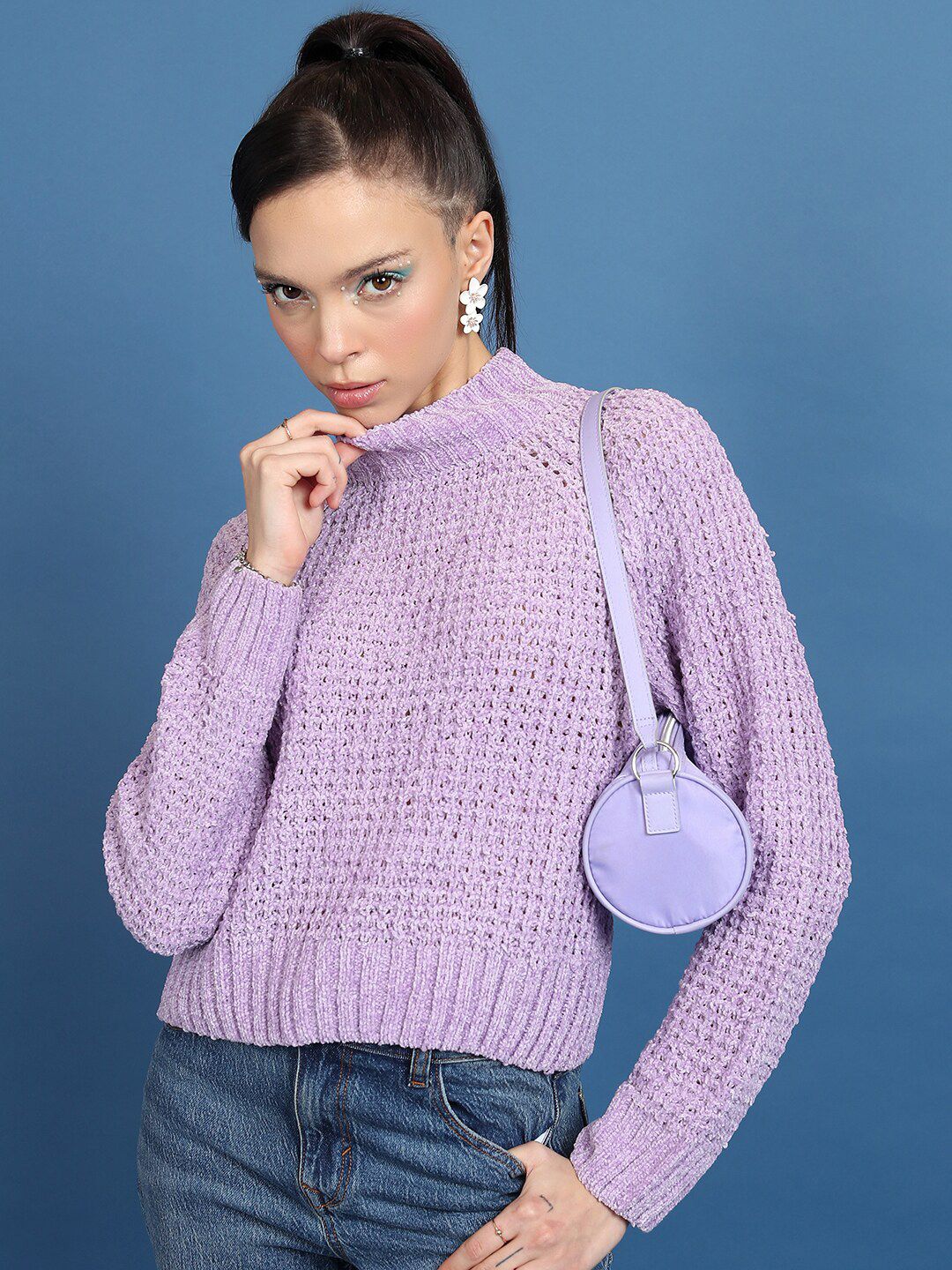 Tokyo Talkies Lavender Open Knit Turtle Neck Crop Acrylic Pullover Sweater