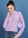 Tokyo Talkies Lavender Open Knit Turtle Neck Crop Acrylic Pullover Sweater