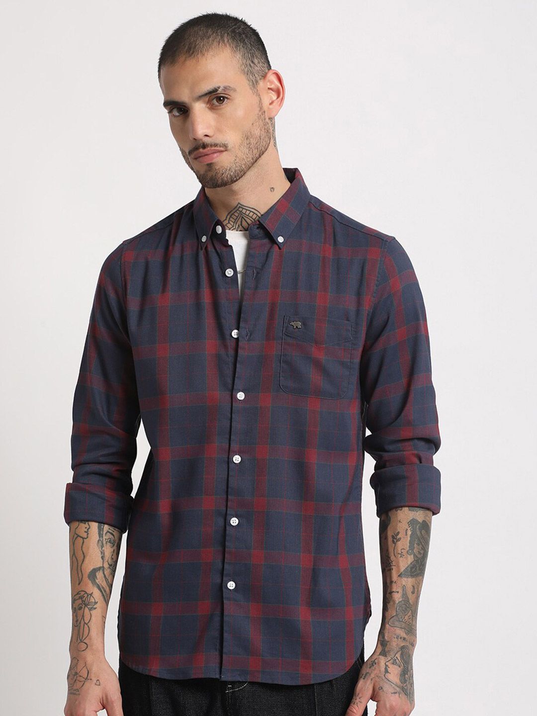 THE BEAR HOUSE Slim Fit Checked Button-Down Collar Casual Shirt