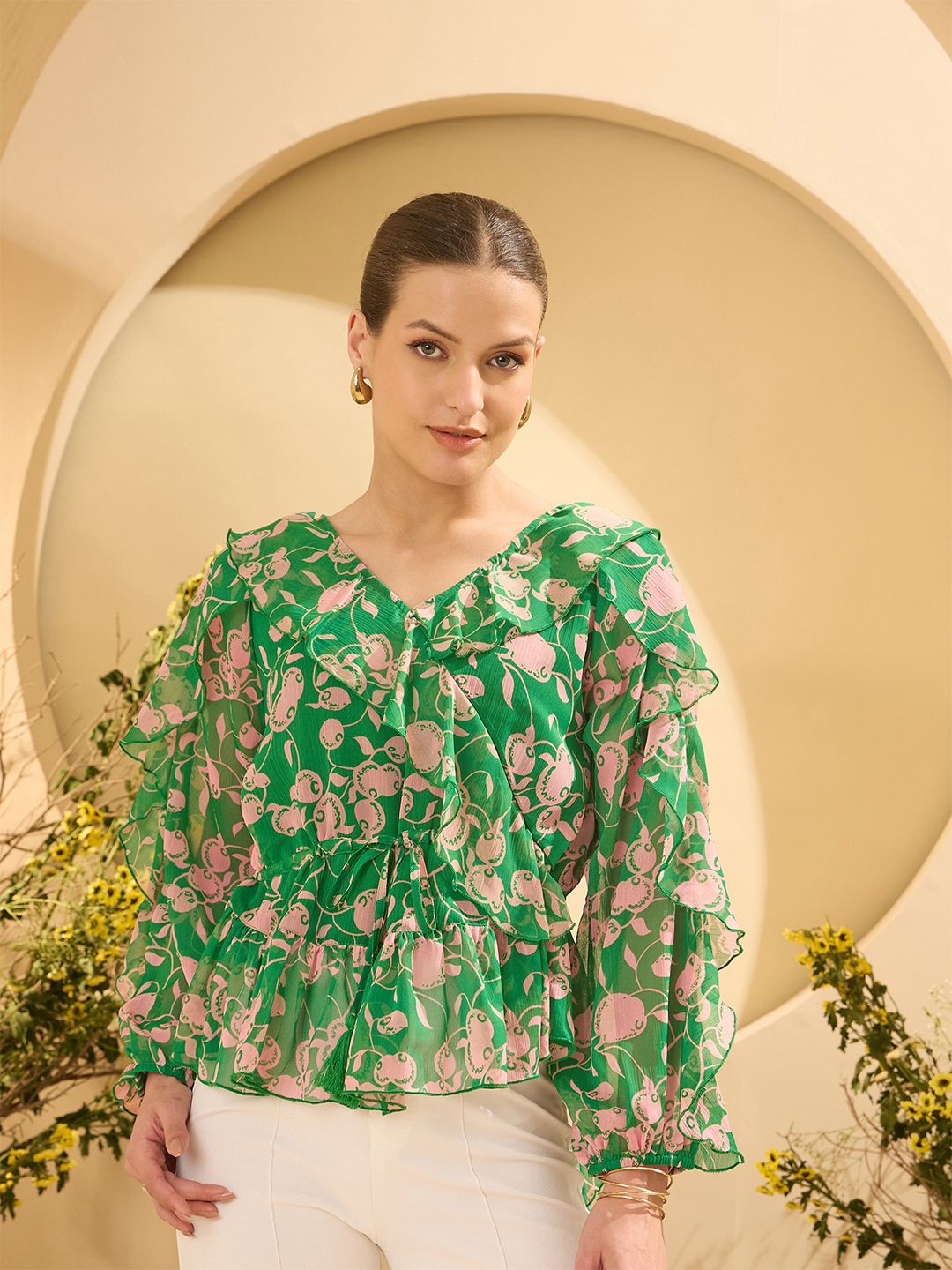 Antheaa Floral Printed Ruffles Detail V-Neck Puff Sleeves Peplum Top