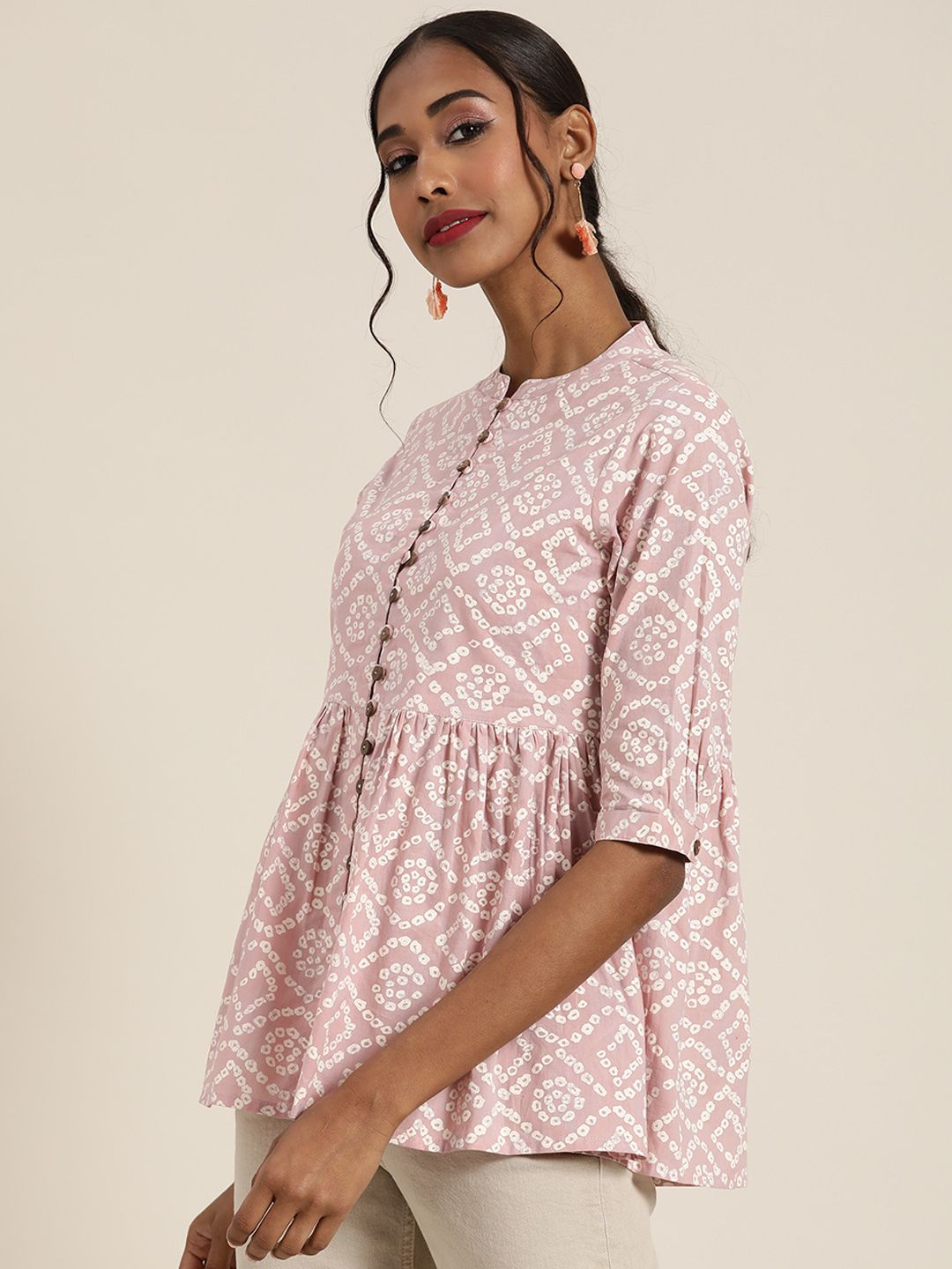 Shae by SASSAFRAS Mauve & White Print Cotton Peplum Top