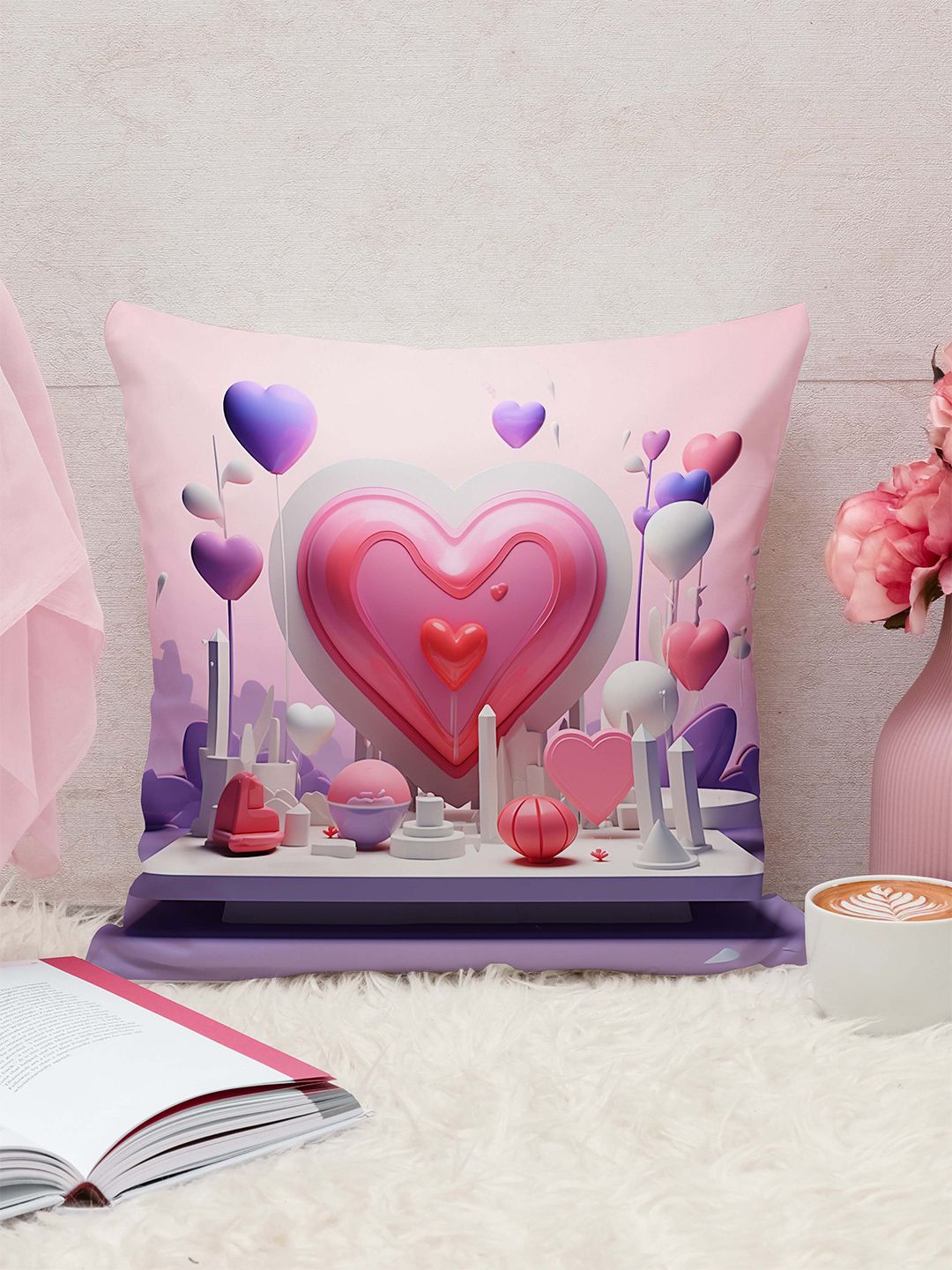 STITCHNEST Pink & Purple Abstract Printed Jute Cotton Square Cushion Cover