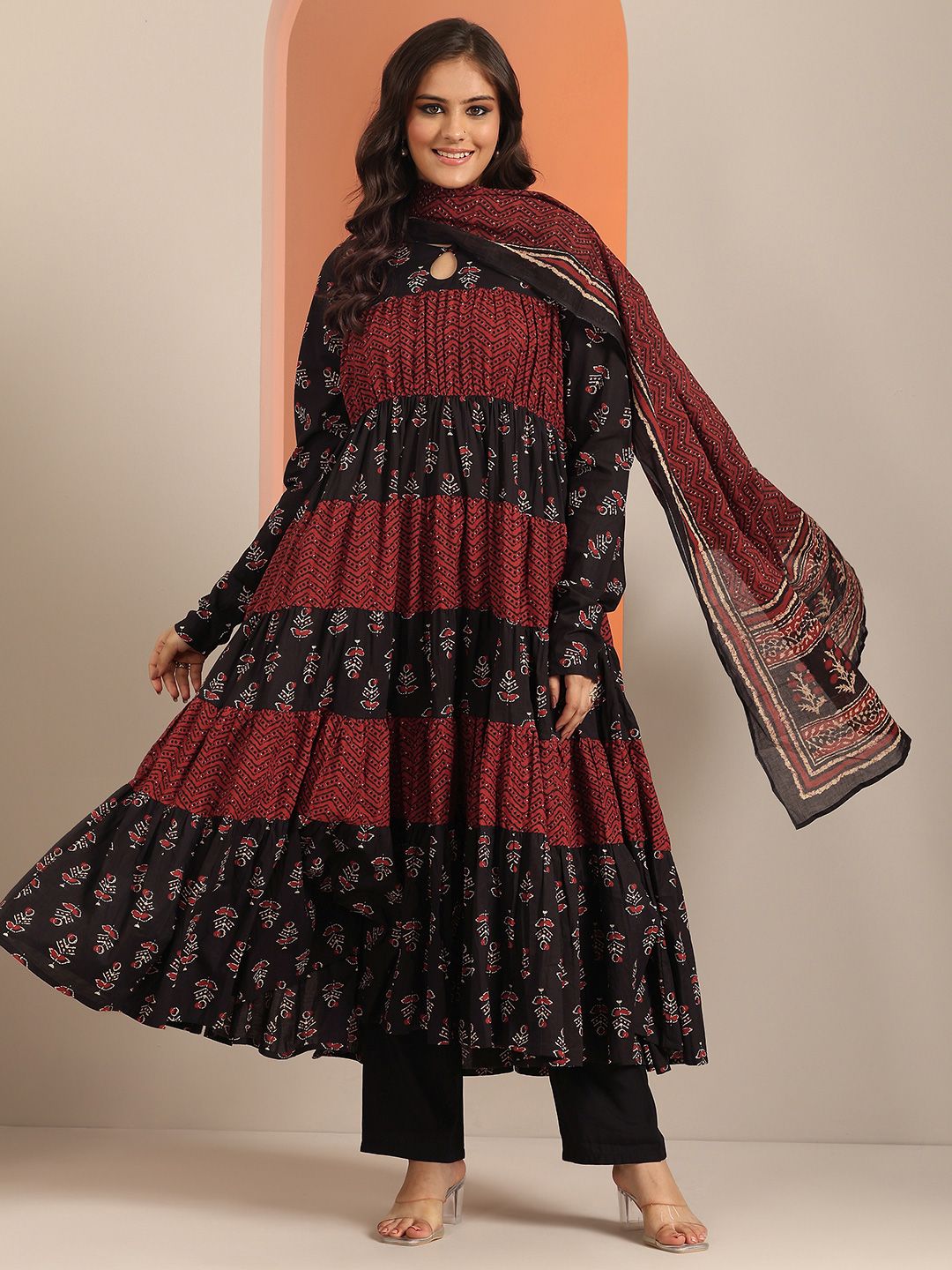 Libas Womens Black Printed Cotton Anarkali Kurta With Churidar & Dupatta
