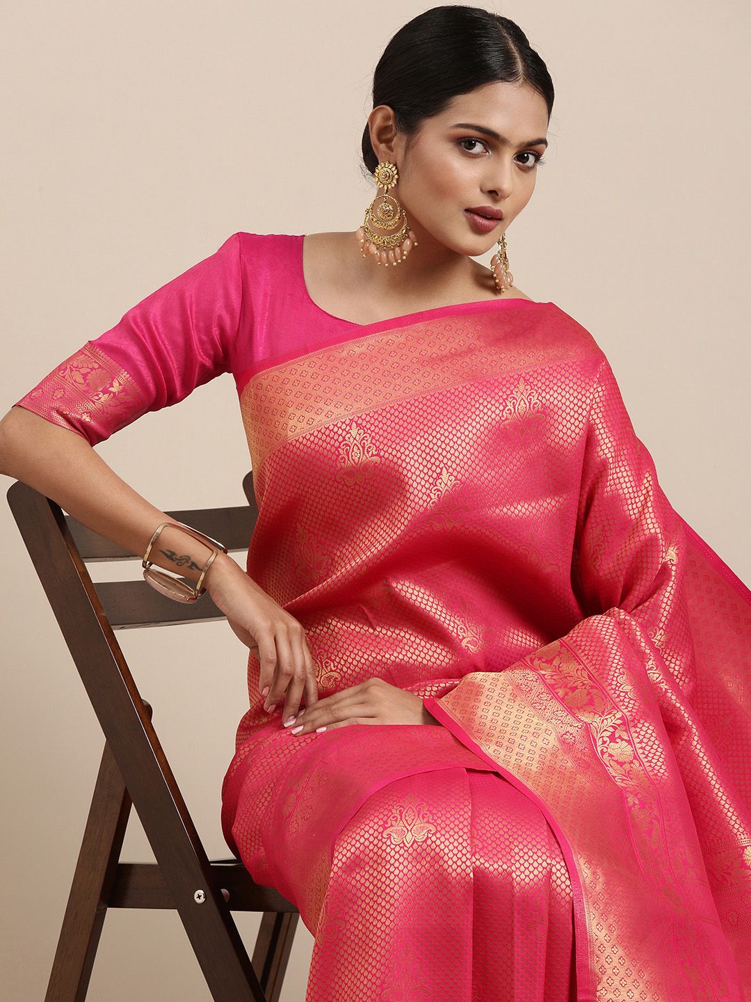 Saree mall Pink Ethnic Motifs Zari Silk Blend Banarasi Sarees