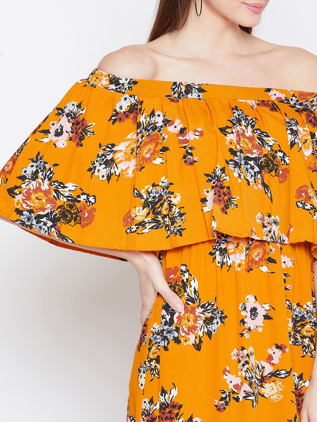 Berrylush Women Mustard Yellow & White Floral Printed Layered Maxi Dress