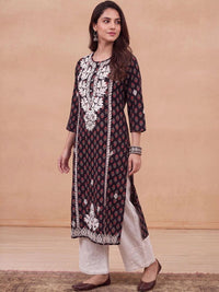 Rumah Wanita Chikankari Motif Etnik Benang Bercetak Kurta