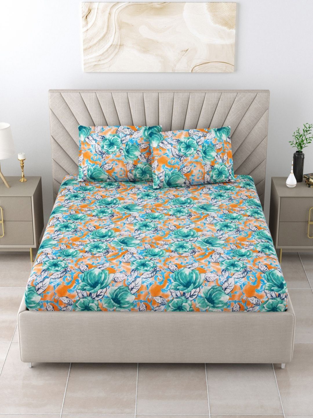 BOMBAY DYEING Dream Lover Sea Green Floral Cotton 104 TC Queen Bedsheet Set 2.54 x 2.24m