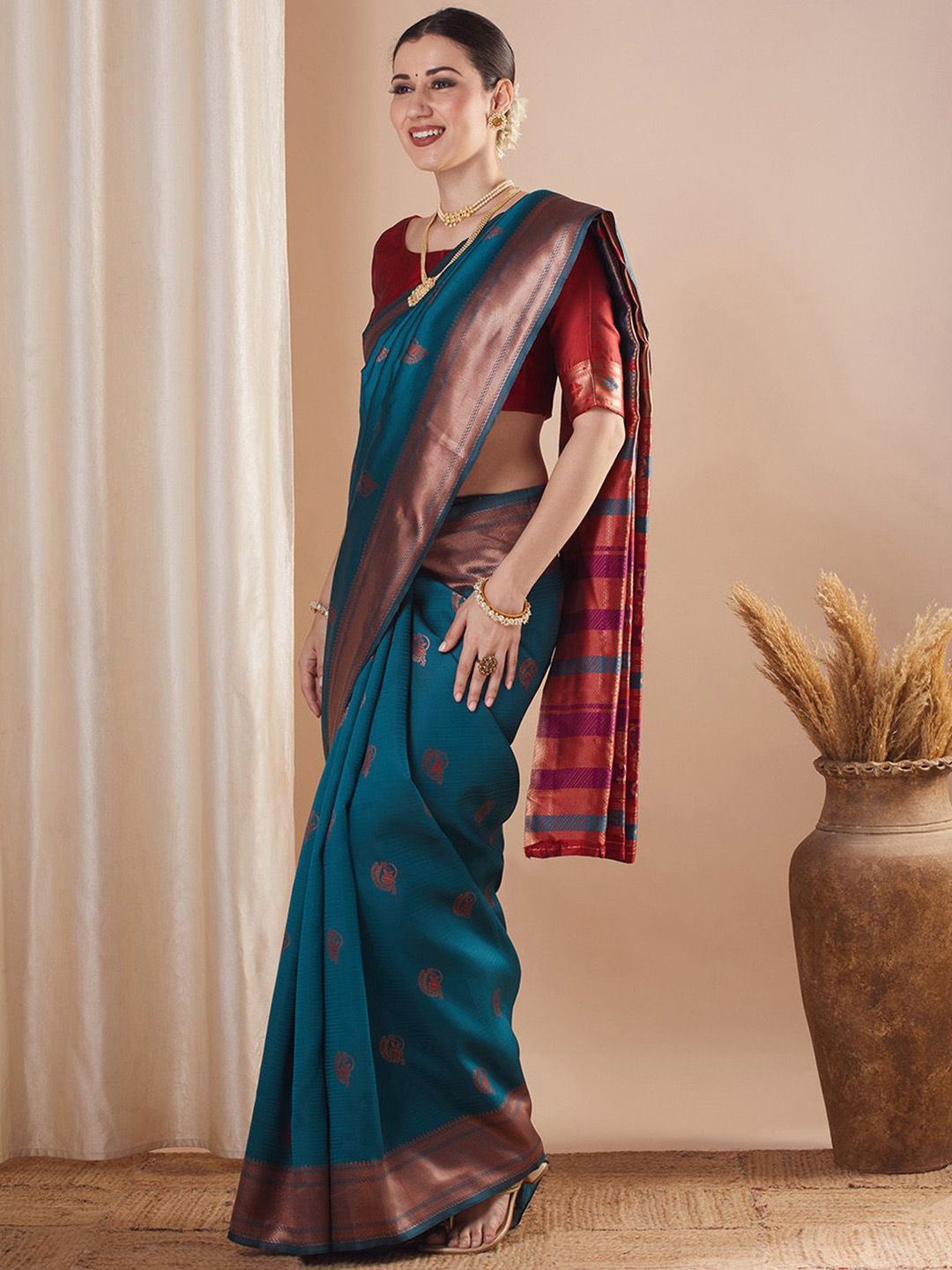 Saree mall Ethnic Motifs Zari Paithani Sarees With Unstitched Blouse Piece