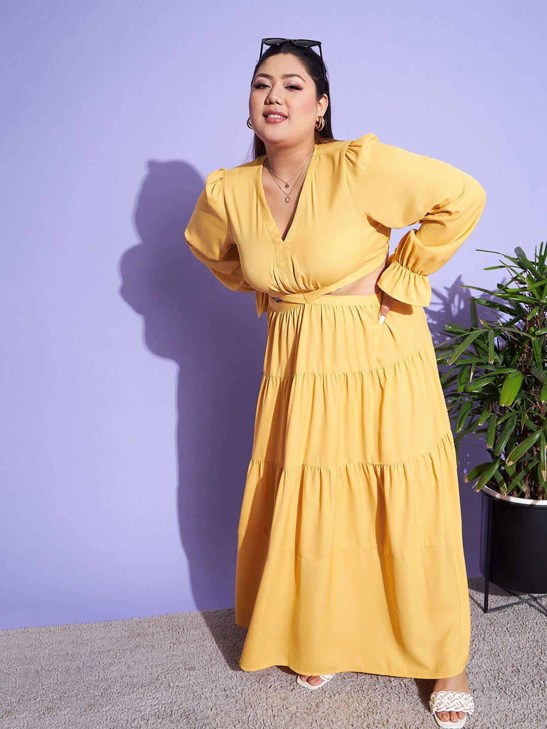 SASSAFRAS Curve Mustard Yellow Plus Size Cut-Out Detail Puff Sleeves Tiered Maxi Dress