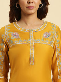 W Yellow Floral Embroidered Thread Work Kurta