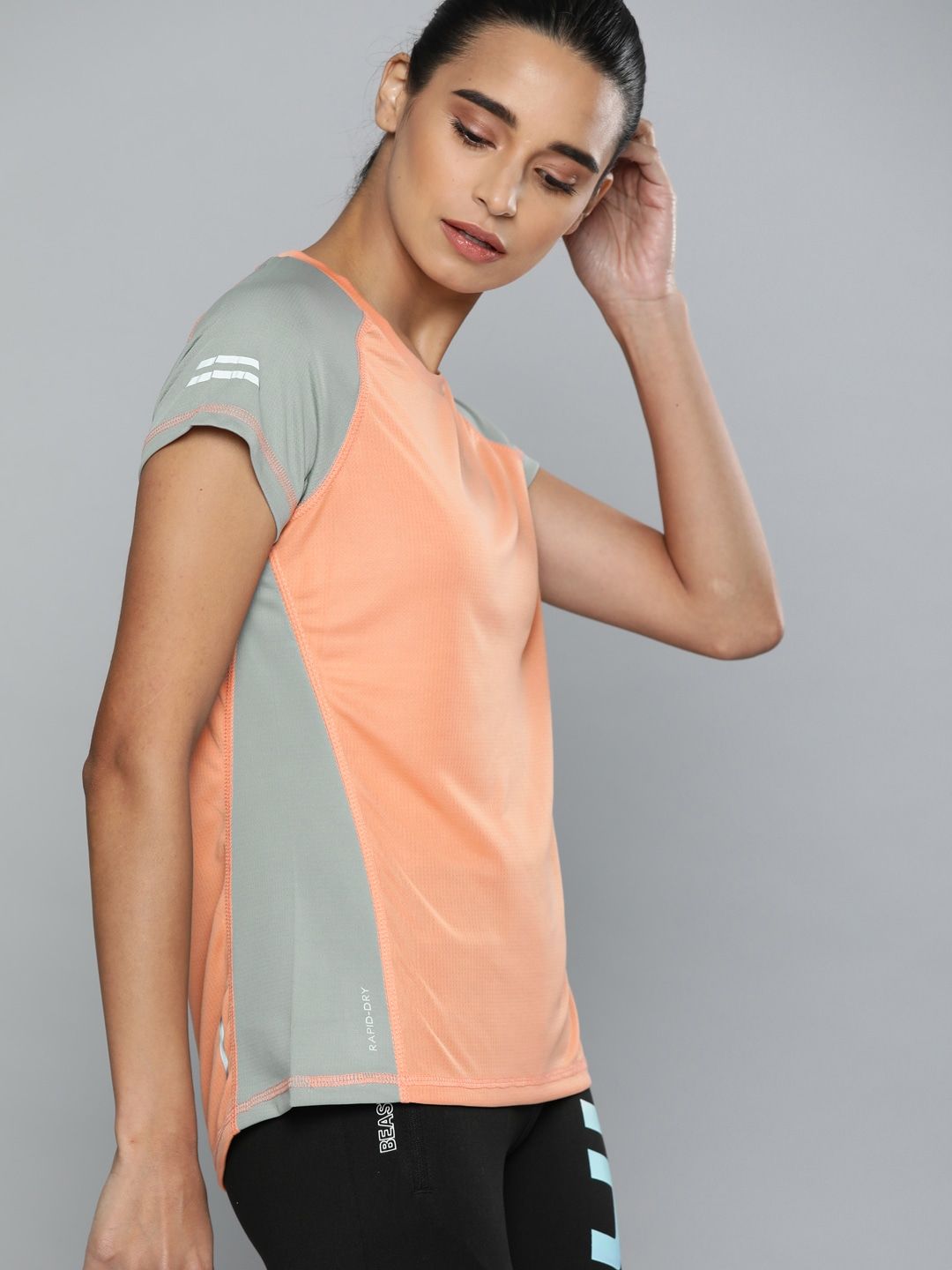 HRX by Hrithik Roshan Women Peach-Coloured Colourblocked Round Neck T-shirt